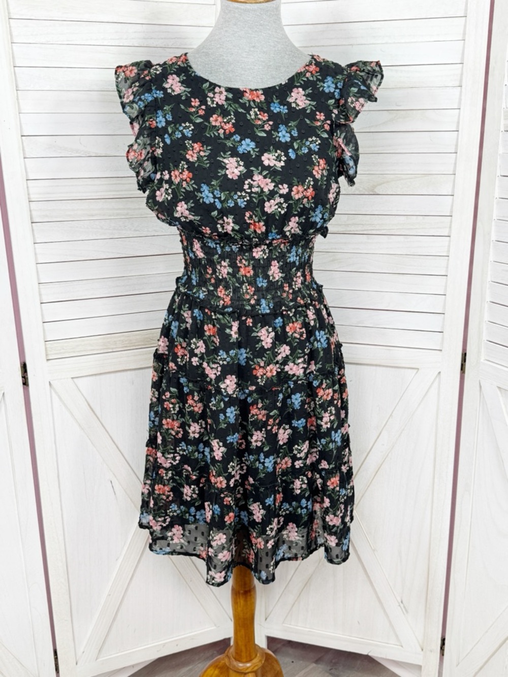 Trixxi Floral Smocked‎ Waist Ruffle Trim Flutter Sleeve Dress Black Multi Small